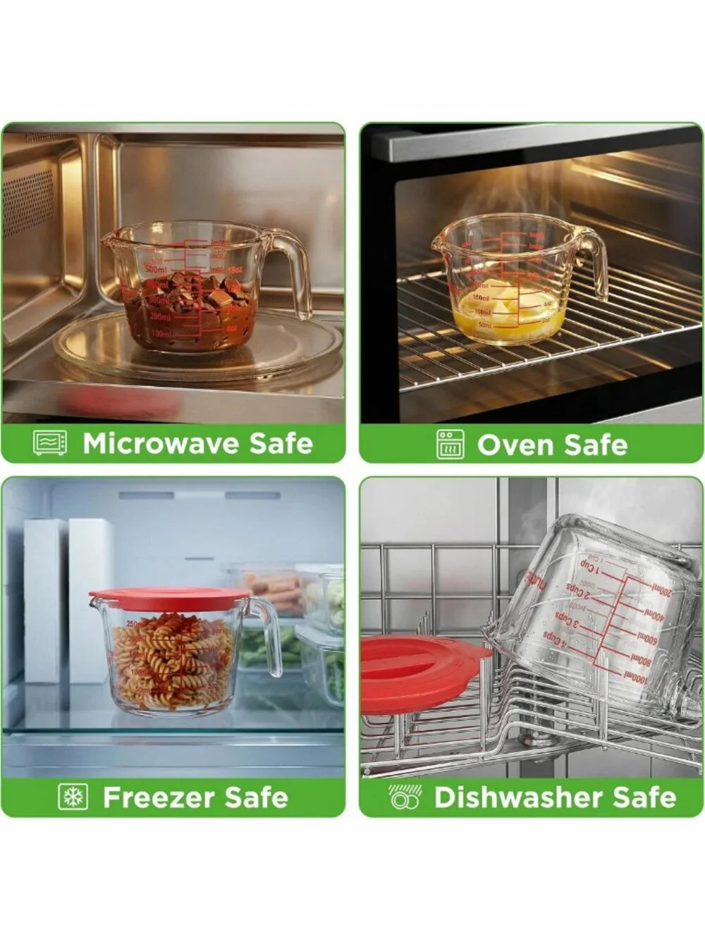 Set of 3 Heat-Resistant Glass Measuring Cups with Lids - Easy-Read Scale for